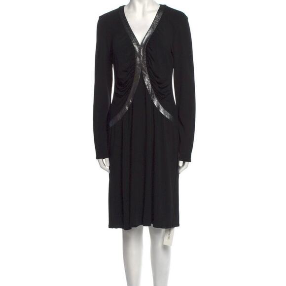 Lafayette 148 Dress Shimmer Metallic Silver Trim Ruched Midi Black Women's Sz 10 - Picture 1 of 9